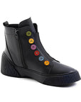 Black leather ankle boots with black platform and inside zipper closureoutsole. Multi-coloured buttons run up front of boot.