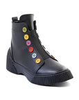 Black leather ankle boots with black platform outsole. Multi-coloured buttons run up front of boot.