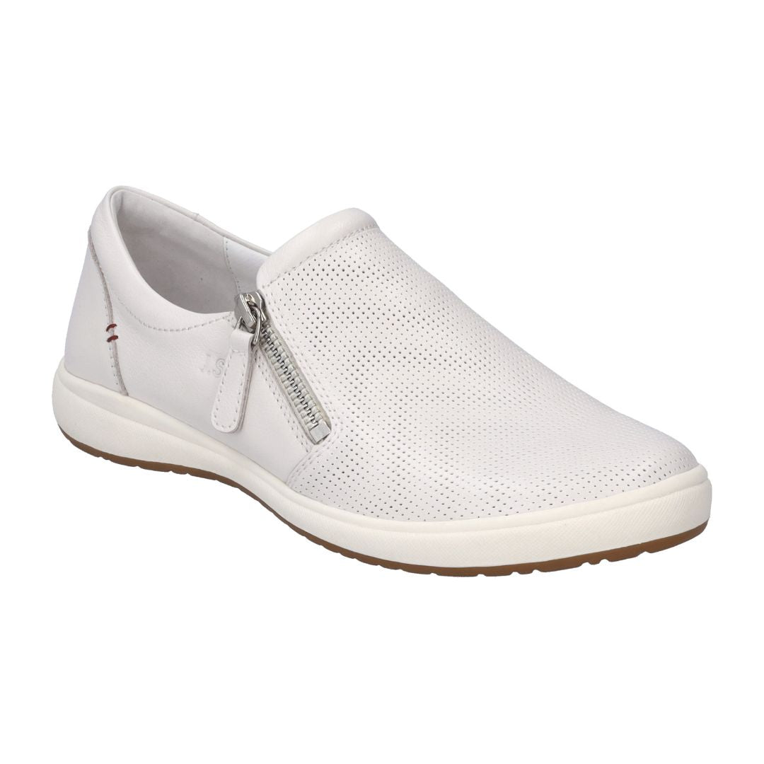 White leather sneaker with a side zipper and perforated upper. Midsole is white, outsole is brown. 