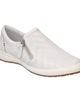 White leather sneaker with a side zipper and perforated upper. Midsole is white, outsole is brown. 