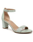 Mint leather heeled sandal with buckled ankle strap.