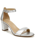 Silver leather heeled sandal with buckled ankle strap.