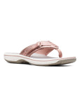 Breeze Sea thong sandal in rose gold. Pink metallic upper with adjustable velcro strap and fabric toe post. Footbed is grey, midsole is white, and outsole is taupe. 