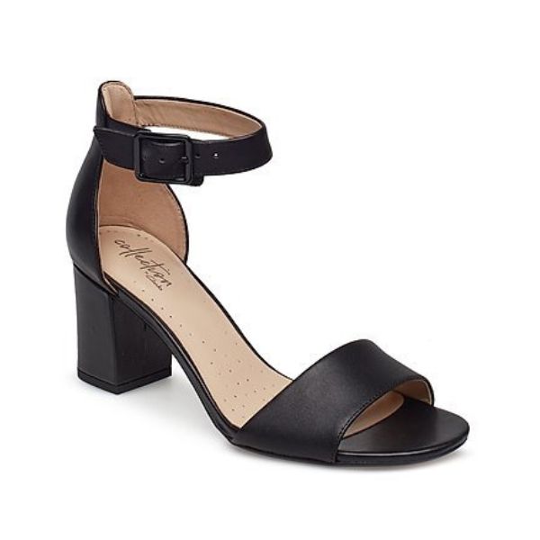 Heeled sandal with 70mm block heel. Black leather upper with adjustable ankle strap. Hardware is black, footbed is beige with Clarks branding. 