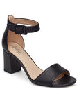 Heeled sandal with 70mm block heel. Black leather upper with adjustable ankle strap. Hardware is black, footbed is beige with Clarks branding. 