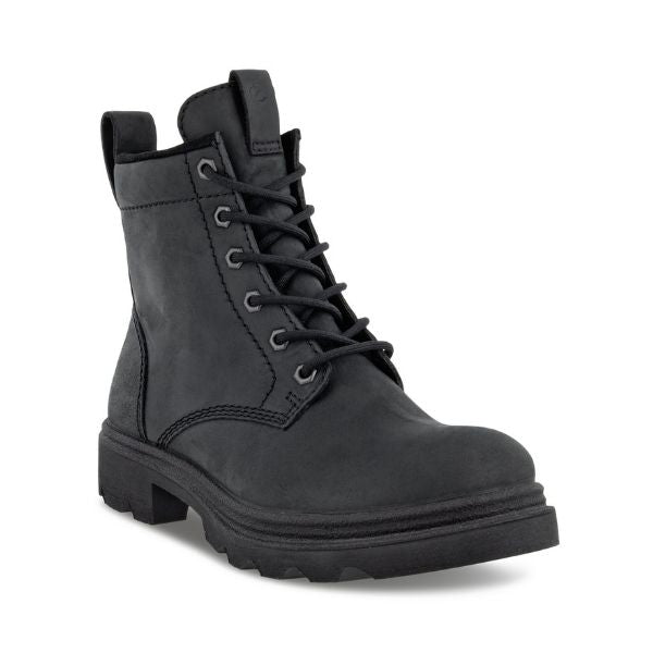 An Ecco black nubuck combat boot with lace closure and a lugged outsole. 