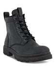 An Ecco black nubuck combat boot with lace closure and a lugged outsole. 