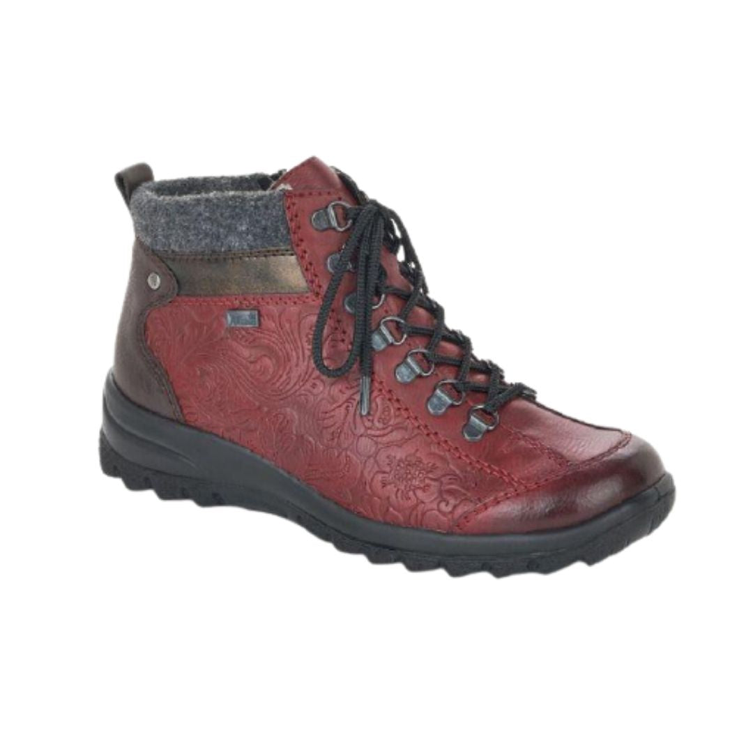 Wine red ankle boot with black laces and grey trim with bronze back detailing and black outsole