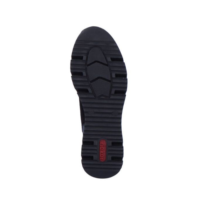 A black outsole with red Rieker logo on heel.