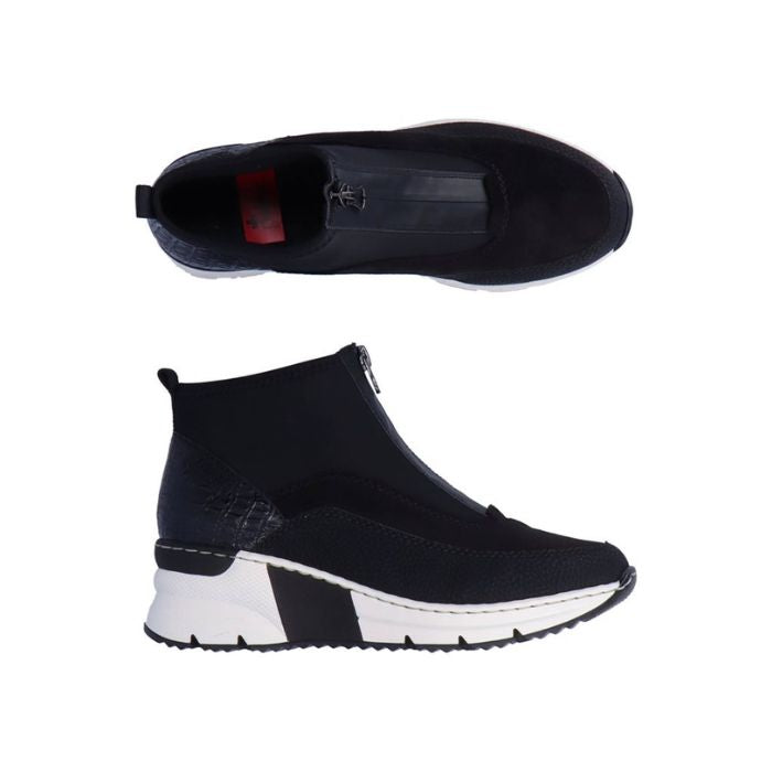 A pair of Rieker black top zipper sneaker with patent crocco heel cup, logo'd black footbed and white wedge outsole.