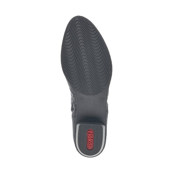 Black wave treaded outsole with red Rieker logo on heel.