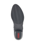 Black wave treaded outsole with red Rieker logo on heel.