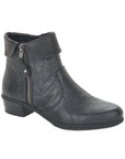 Black Rieker ankle boot with side zipper, folded down cuff, detailed stitching, and a low heel.