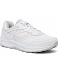 White leather lace up sneaker with Saucony logo on side