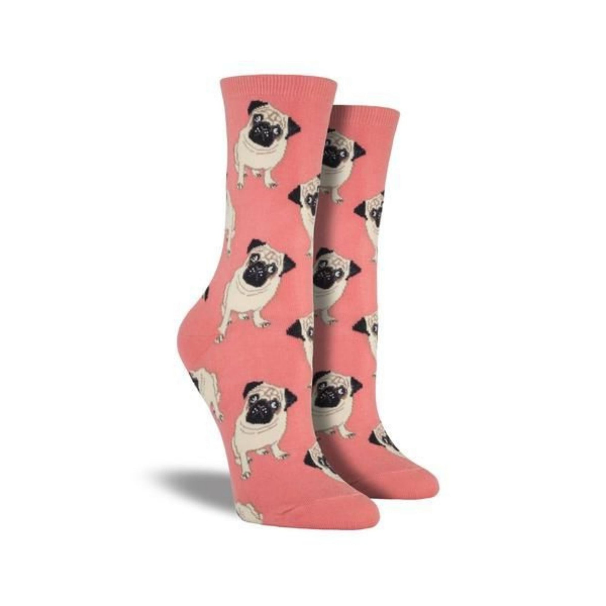 Pink socks with pugs on them