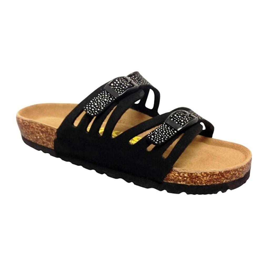 Black with stud details supportive sandal with two straps with cutouts and buckle closures.