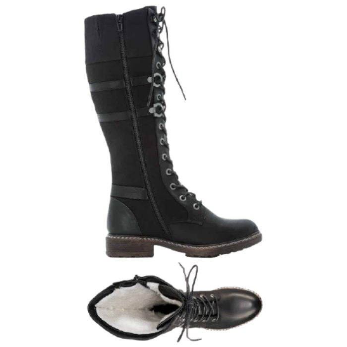 Top and side view with lining on Tall black combat style boot with laces all the way up and accent straps along side