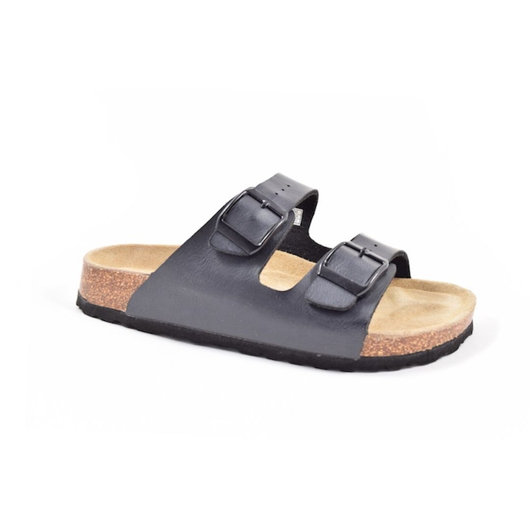 Black supportive sandal with two black buckles and black outsole.