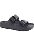 Grey EVA sandal with two black buckles and white outsole.