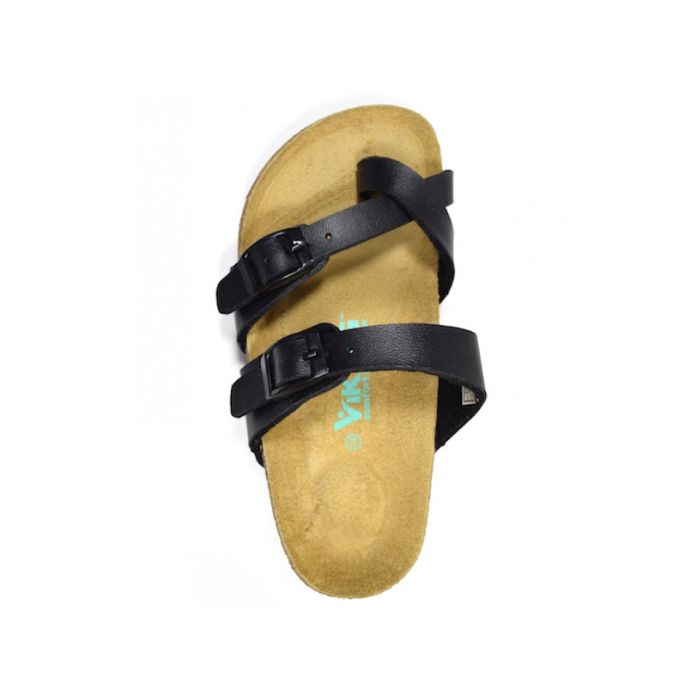 Top view of black supportive sandal with toe loop, two adjustable buckle closures and a black outsole. Green Viking sandal logo on footbed.