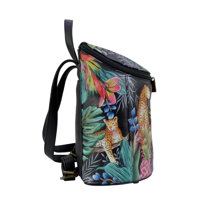 Anushka black leather backpack with floral and leopard hand painted design. It has adjustable straps and top zippered opening.