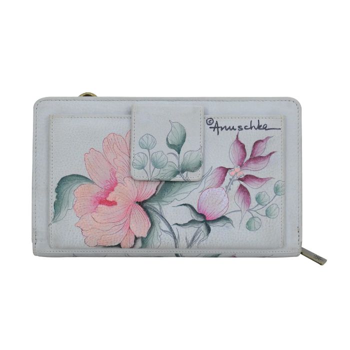 Rear exterior of grey leather with hand painted flowers on wallet featuring a slip pocket with a velcro strap closure