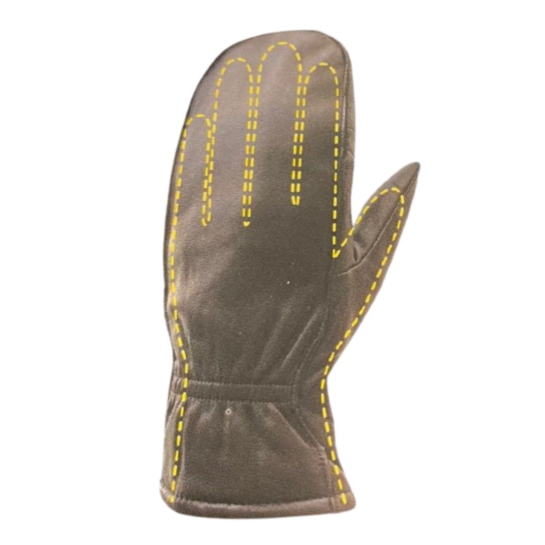 Black leather mittens with yellow dotted markings indicating the fingers inside the mitten.