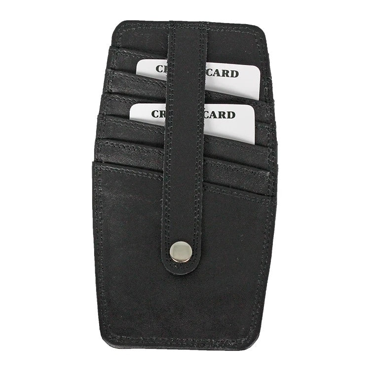 Card holder in Black. Black leather card holder with 6 card slots secured by a strap. 