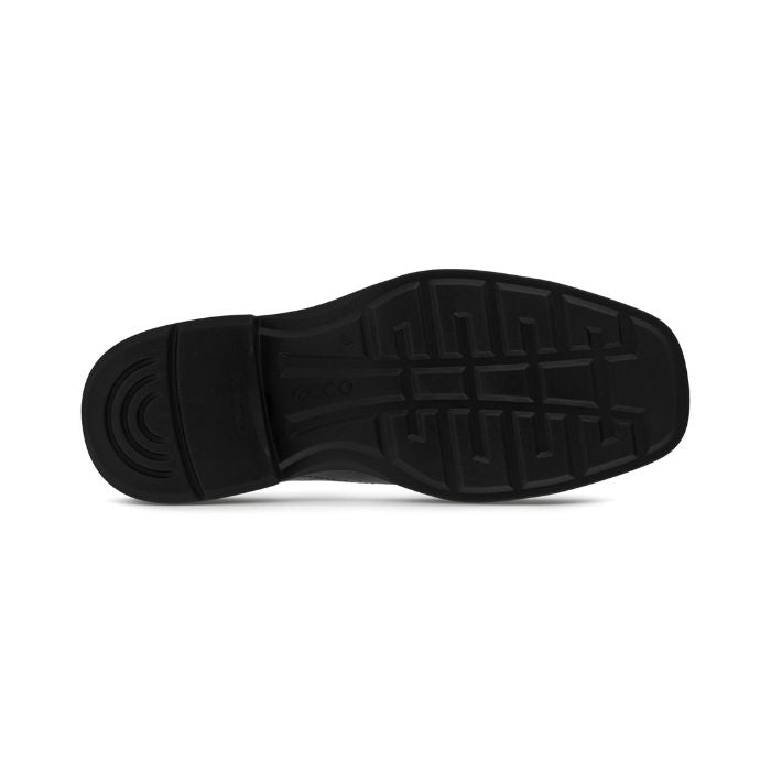 Black rubber outsole of dress shoe with Ecco logo in the center. 