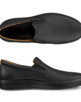 A pair of Ecco black leather slip-on with a black midsole and a tan brown lining. 