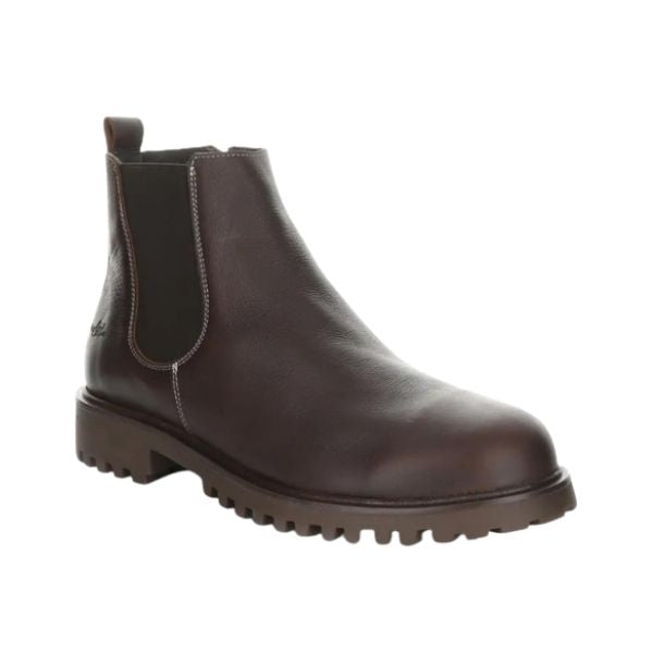 Dax Chelsea boot in brown. Dark brown leather upper with brown elastic goring and a brown outsole. 