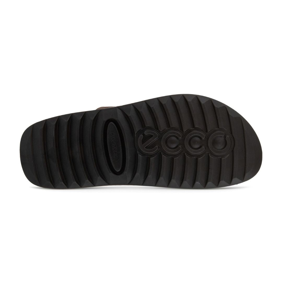 Black, grooved outsole of the mocha Ecco slide sandal.