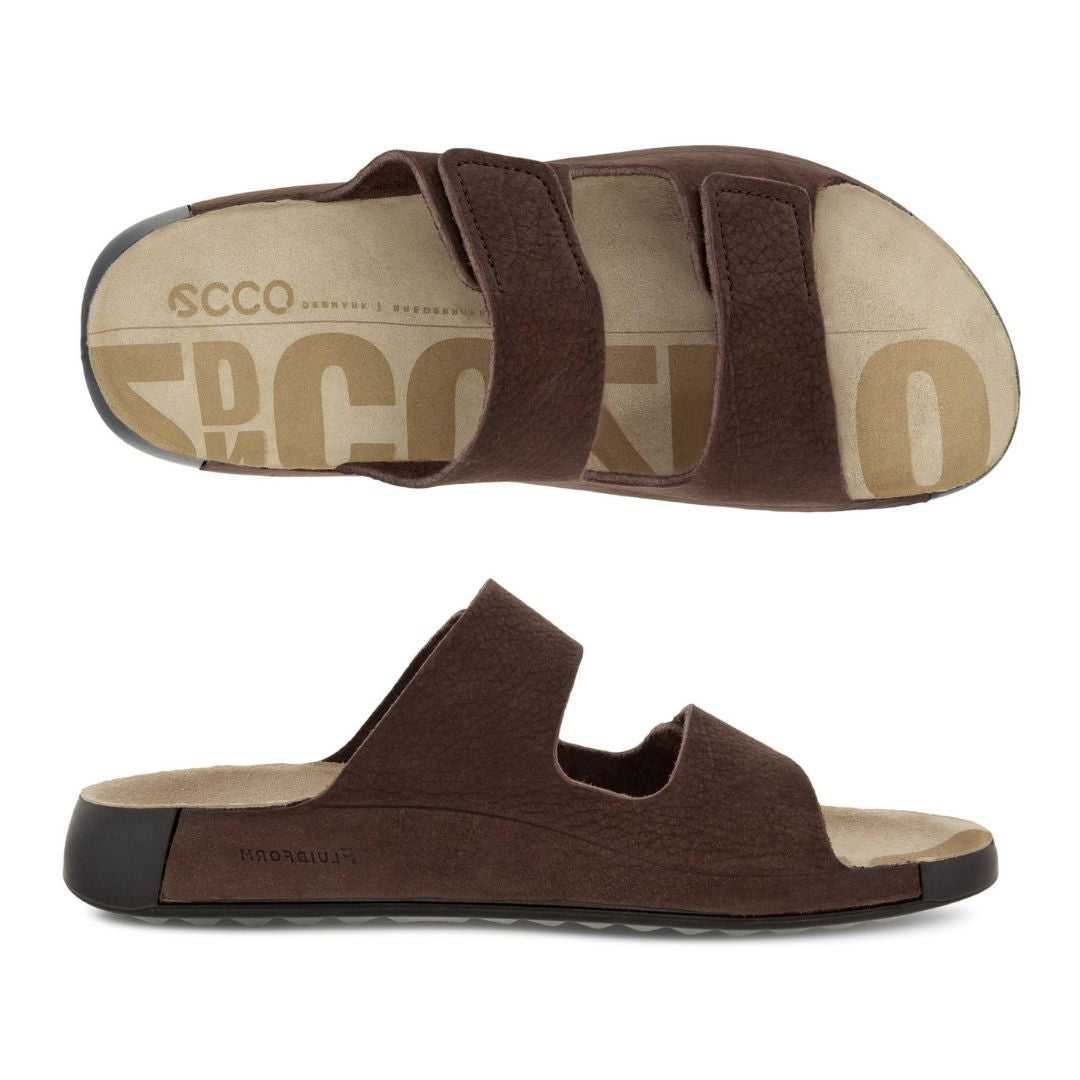 Top and profile view of 2nd Cozmo Sandal in mocha. Footbed is beige with Ecco branding. 