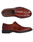 Top and side view of leather slip on shoe with toe cap.