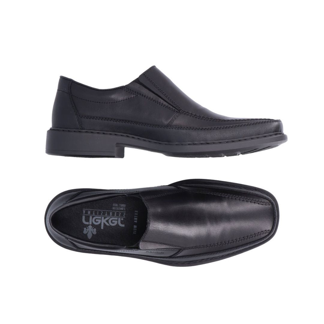 Rieker B0873 Slip-On Dress Shoe shown from side and top views, highlighting its black leather finish and comfortable slip-on design.