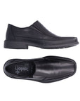 Rieker B0873 Slip-On Dress Shoe shown from side and top views, highlighting its black leather finish and comfortable slip-on design.