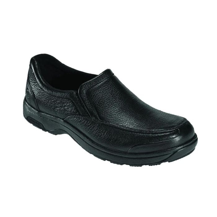 Battery Park in black. Black leather slip on shoe with apron toe stitching. Outsole is black. 