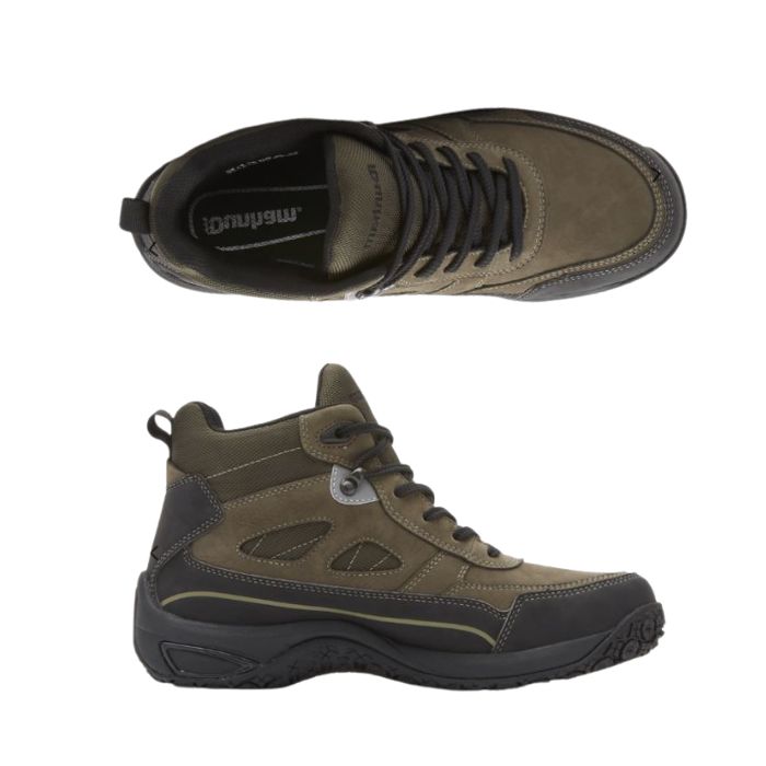 Top and profile view of Cloud Plus Mid II boot in olive. Insole is green with Dunham logo. 