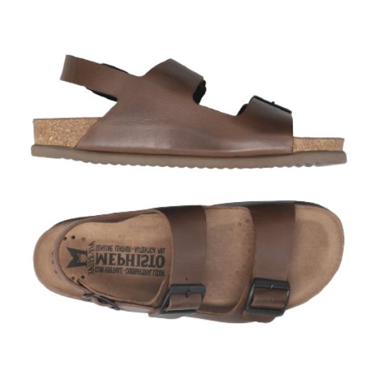 Brown leather two strap sandal with backstrap and buckle closures.