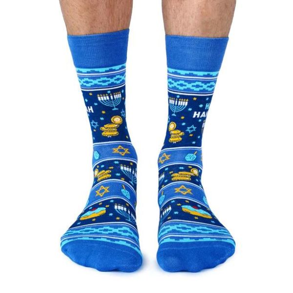 Blue Happy Hanukkah crew socks.