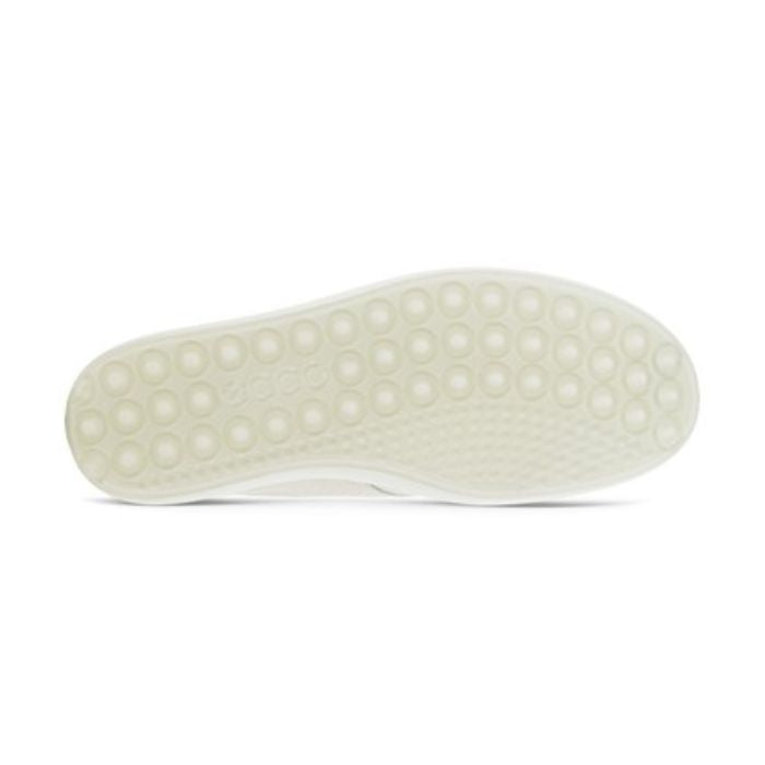 White rubber outsole with circular "bubble" pattern and Ecco logo. 