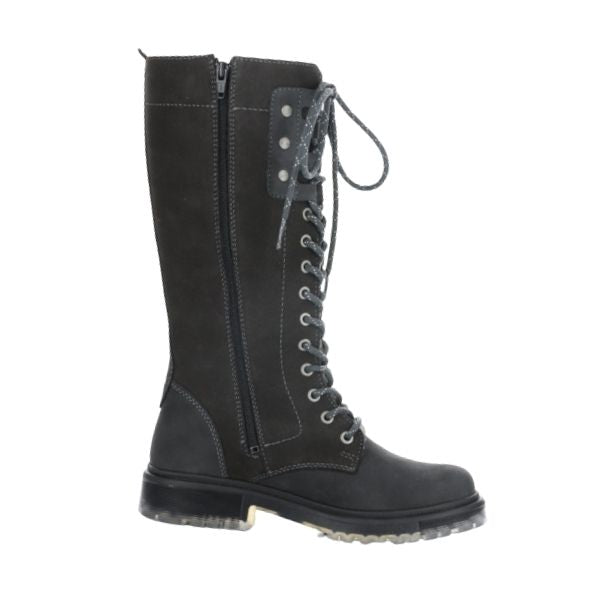 Profile view of Axe knee high boot. Features zipper closure. 