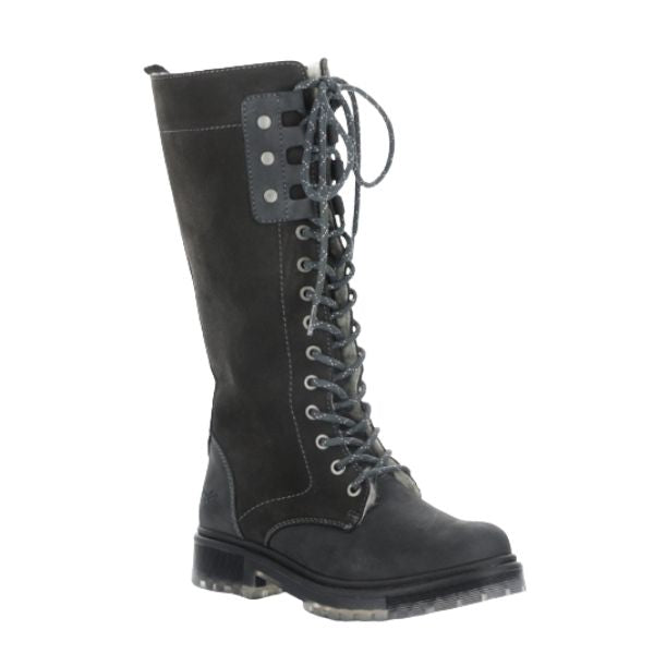 Knee high black lace up boot with a suede and nubuck upper and black outsole. 