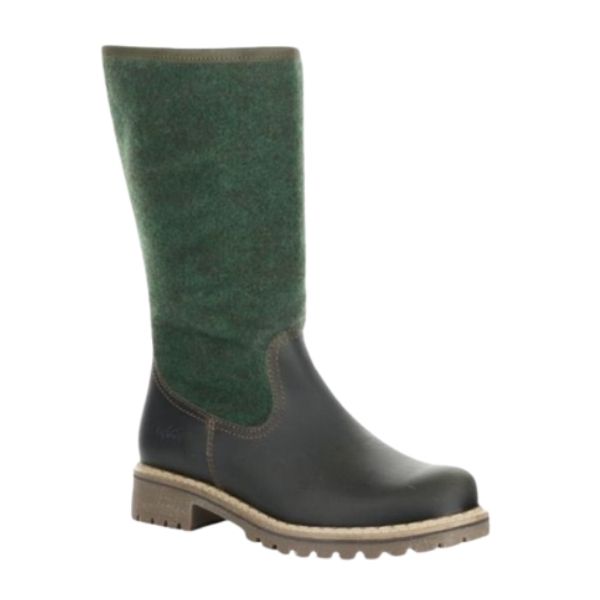 Mid height winter boot with green leather and felt upper, beige stitching, and brown outsole. 