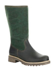 Mid height winter boot with green leather and felt upper, beige stitching, and brown outsole. 