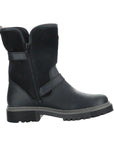 Profile view of black mid height winter boot with zipper closure. 