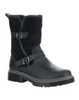 Black mid height boot with two pewter buckles and black outsole. 