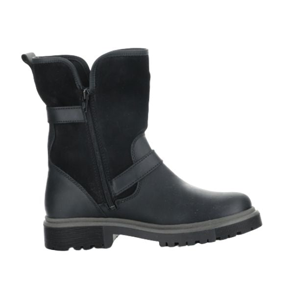 Profile view of black mid height winter boot with zipper closure. 