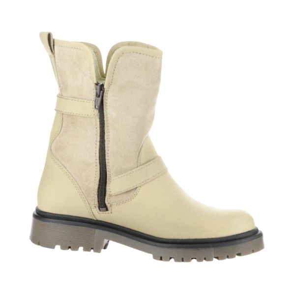 Profile view of off-white mid height winter boot with zipper closure and brown outsole.