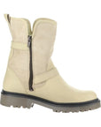 Profile view of off-white mid height winter boot with zipper closure and brown outsole.